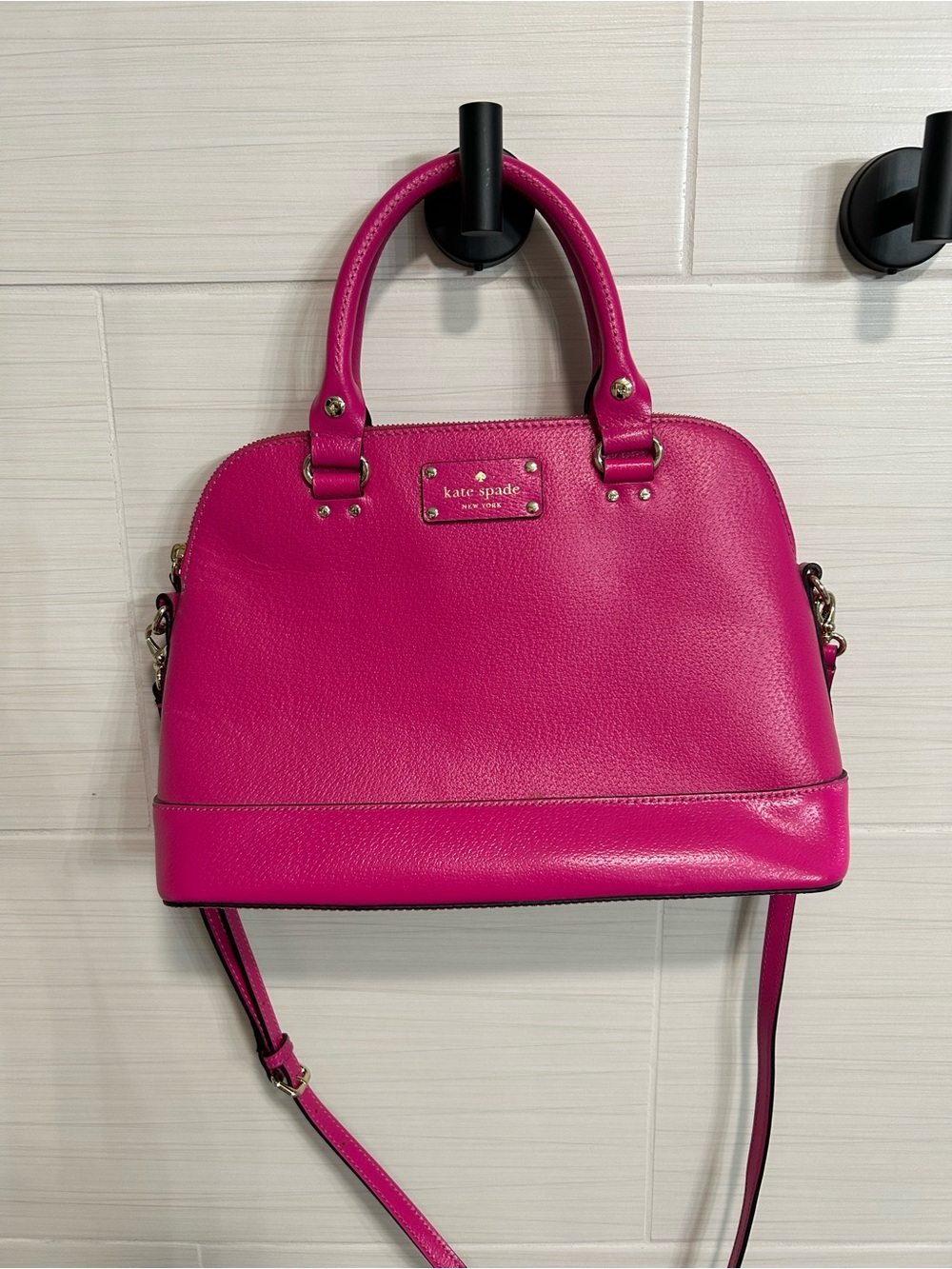 Kate Spade Hot Pink Magenta Leather Satchel Handbag, Med, Feminine Boss Chic